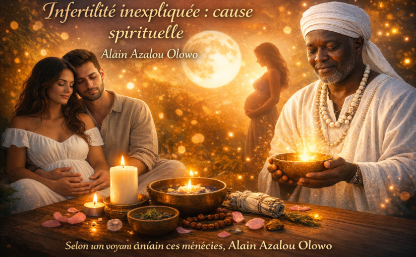 Couple confronté à l’infertilité inexpliquée consultant un guide spirituel, avec une silhouette de femme enceinte en arrière-plan.