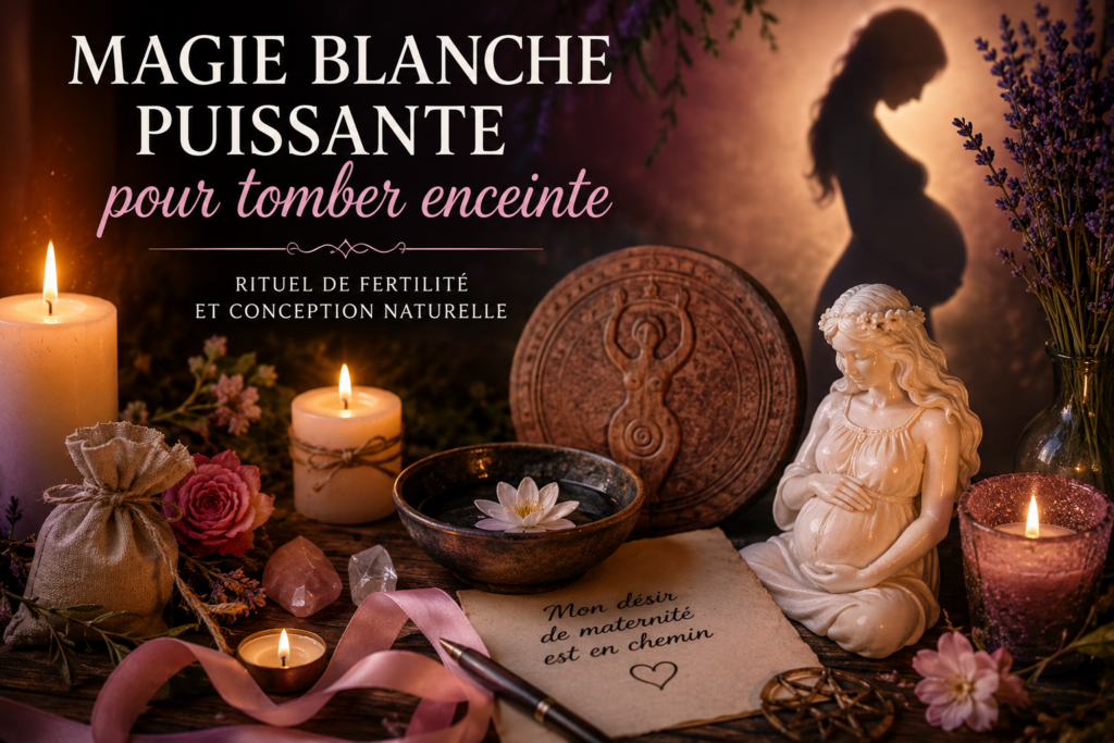 Autel de magie blanche pour tomber enceinte avec bougies, cristaux, fleurs et statue de femme enceinte représentant la fertilité et la maternité.