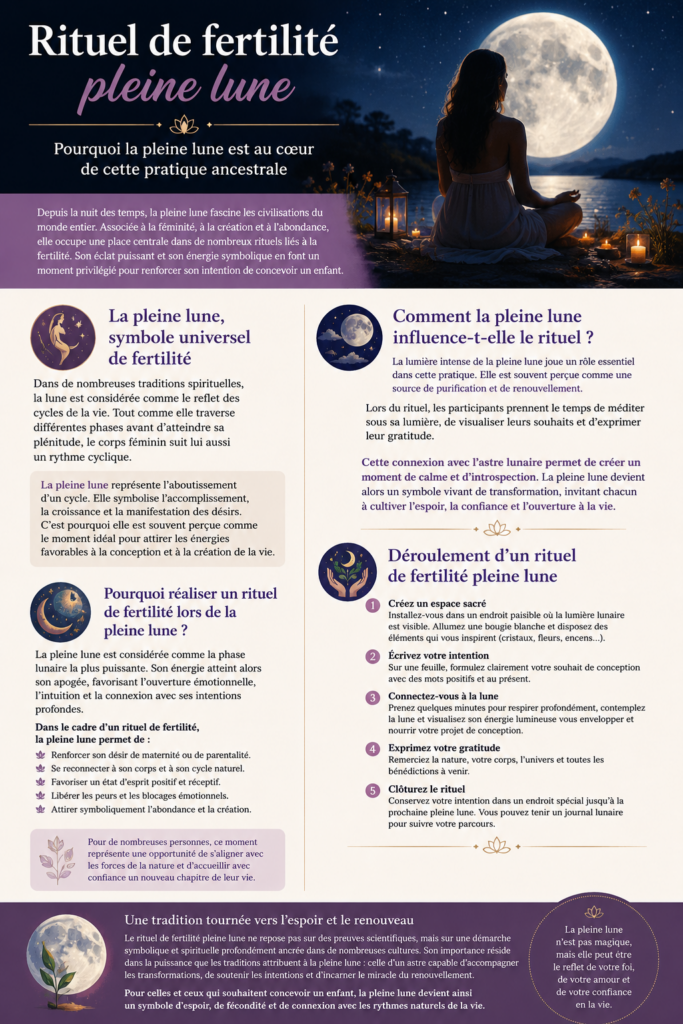 Infographie verticale sur le rituel de fertilité de la pleine lune. En haut, une femme assise en méditation face à une grande pleine lune lumineuse au bord d'un lac nocturne. Le document explique le lien entre la pleine lune et la fertilité, sa symbolique dans les traditions spirituelles, son influence sur les rituels de conception et les étapes à suivre pour réaliser un rituel de fertilité. L'infographie utilise des couleurs douces dans les tons bleu nuit, violet et beige, avec des illustrations de lune, de fleurs et de symboles spirituels.