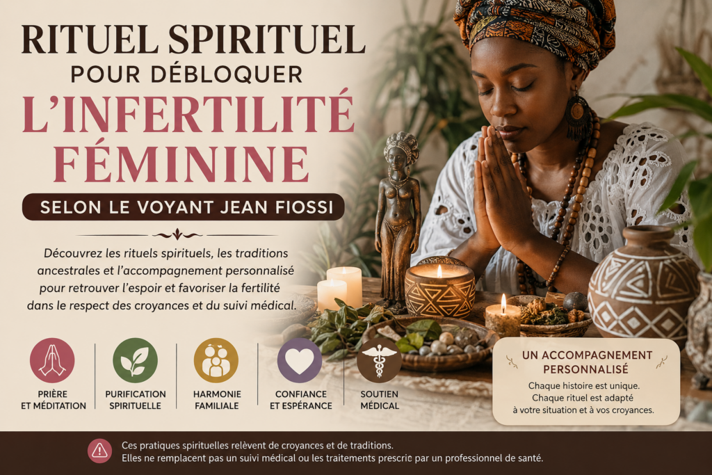 Femme en prière dans un cadre spirituel illustrant un article sur les rituels spirituels de fertilité selon le voyant Jean FIOSSI, présentés comme un accompagnement complémentaire aux soins médicaux.