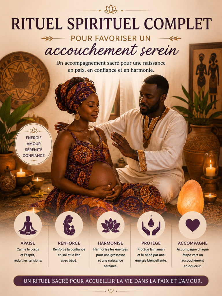 Future maman accompagnée lors d’un rituel spirituel favorisant une naissance sereine.