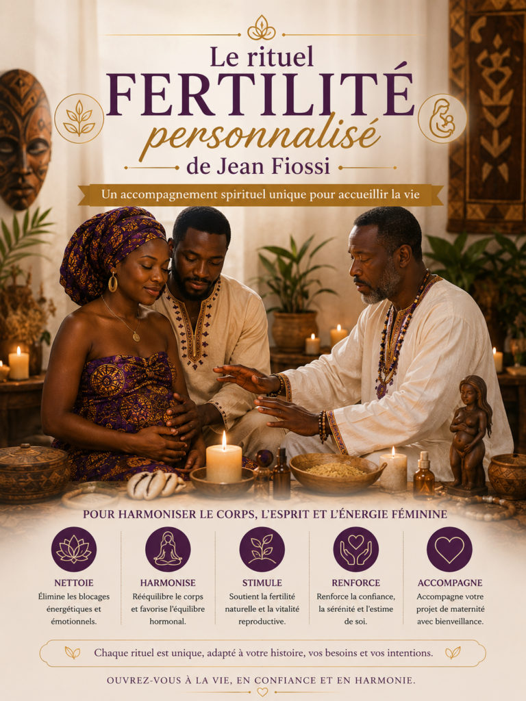 Couple africain participant à un rituel spirituel de fertilité dans une ambiance chaleureuse et apaisante.