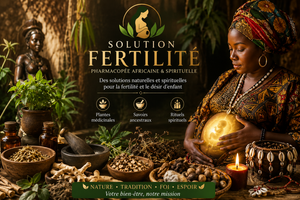 Illustration représentant la pharmacopée africaine traditionnelle avec plantes médicinales, racines, mortier, cauris et accompagnement spirituel pour favoriser la fertilité et le désir d'enfant.