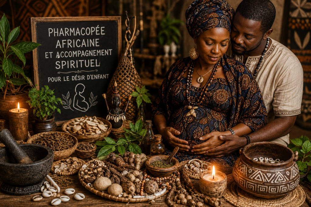 Illustration de la pharmacopée africaine avec plantes médicinales, racines, cauris et accompagnement spirituel traditionnel autour du désir d'enfant.
