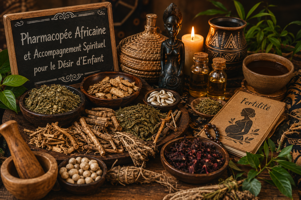Composition de plantes médicinales africaines, racines, cauris, mortier et objets traditionnels illustrant la pharmacopée africaine et les pratiques ancestrales de bien-être.