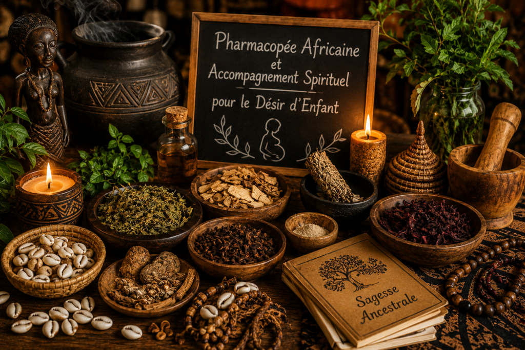 Praticien traditionnel accompagnant un couple en désir d'enfant grâce à des conseils, des plantes médicinales et un accompagnement spirituel inspiré des traditions africaines.
