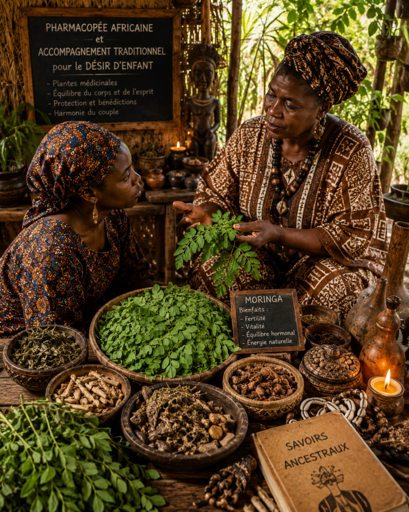 Consultation traditionnelle africaine autour du moringa, où une praticienne présente des plantes médicinales utilisées dans les savoirs ancestraux liés au bien-être et au désir d'enfant.