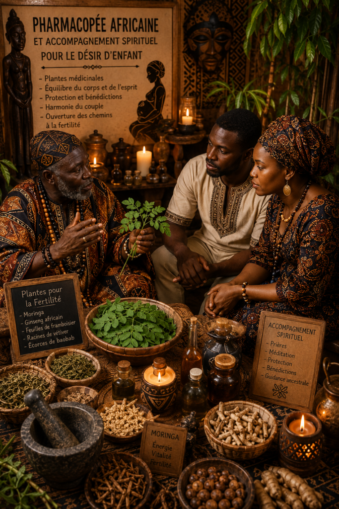 Couple en désir d'enfant découvrant les traditions de la pharmacopée africaine et un accompagnement spirituel dans un cadre inspiré des savoirs ancestraux.