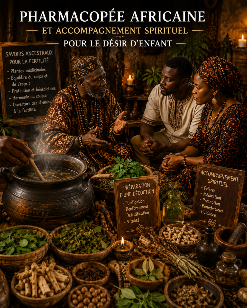 Préparation d'une décoction à base de plantes médicinales africaines lors d'une consultation traditionnelle consacrée au bien-être et au désir d'enfant.